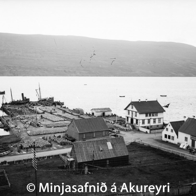 Síldarsöltun á Tuliniusarbryggju um 1910. Handan götunnar er kolahús Höepfners og verslunar- og íbúðarhús Ottós Tuliniusar, fallegt og reisulegt hús, byggt árið 1903 og stendur enn með sóma. 
Hvíta húsið til hægri er vöruskemma Chr. Johnassons kaupmanns. Yfir dyrum er skilti sem á stendur „MUSTADS MARGARIN“. Í þessu húsi voru haldnar leiksýningar í kringum 1890. Í hvíta hornhúsinu var lyfjabúð áður en apótekið var reist uppi í brekkunni. Þessi og fleiri nærliggjandi hús brunnu í desember 1912.