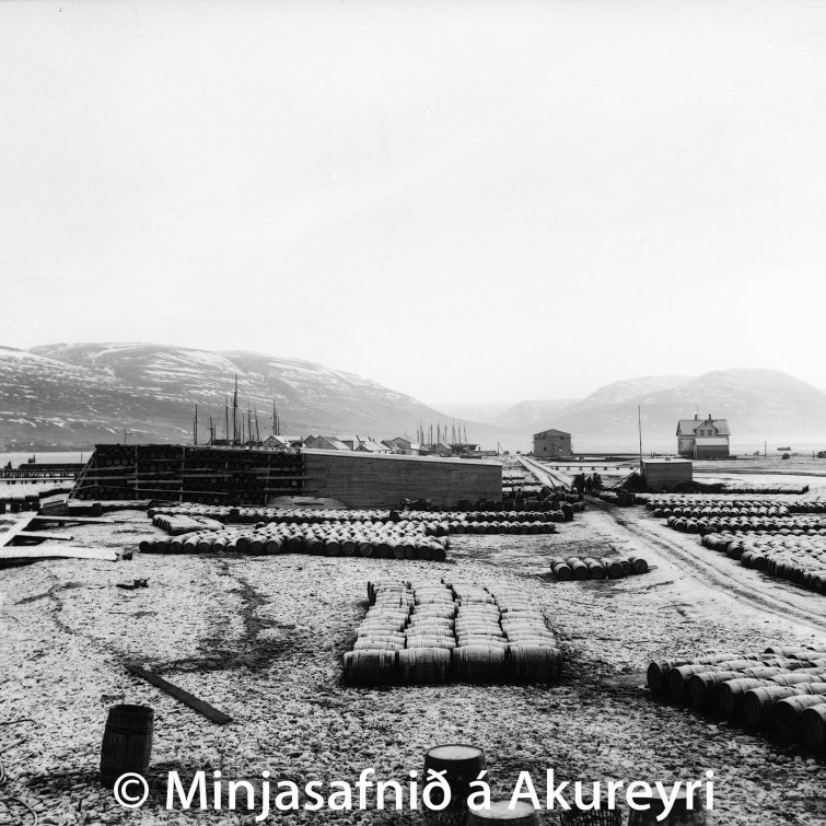Síldartunnur á Oddeyrartanga. Háa húsið með kvistinum er Norðurpóll, Gránufélagsgata 57, eða Nordpolen eins og stóð á húsinu. Það var byggt 1907 og rifið 1979. Þekktastir eigendur þess fyrstu árin voru Magnús Þórðarson og Sigríður Ingimundardóttir. Í þessu fallega og reisulega húsi var gisting og greiðasala og voru útlendingar, sérstaklega Norðmenn, þar tíðir gestir á síldarárunum 1910-1920. Húsið til hægri er Gránufélagsgata 53, byggt 1916-1918, kallað Litla-Reykjavík. Fyrsti eigandi þess og sá sem lét byggja það var Elías Stefánsson útgerðarmaður. Hann réð hóp kvenna úr Reykjavík til þess að salta síld á Tanganum á sumrin og var þetta hús heimili þeirra þann tíma. Þess vegna fékk húsið þetta nafn og ber það enn í dag. Syðst á Tanganum er uppsátur skipa.
