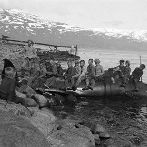 Hvalur kominn að landi á Hjalteyri, við Eyjafjörð.