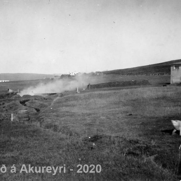 76. Laufahlíð í Reykjahverfi Suður Þingeyjarsýslu. Þar var rekið barnaheimili á sumrin af Þórði Jónssyni, bónda fyrir krakka frá Akureyri á árunum 1941-1943. Þar var heit sundlaug til afnota. Í nokkur sumur störfuðu þar kennslukonurnar Sigríður Skaftadóttir og Svafa Stefánsdóttir. Á miðri mynd eru Hveravellir og lága húsið með gluggunum er gamla sundlaugin sem var stundum notuð sem samkomuhús fyrir harmonikku dansleiki og fleira.
Síðasta sumarið voru bara sex strákar frá Akureyri í Laufhlíð. Maturinn var soðinn í gufu sem kom í röri frá hvernum sem er rétt neðan við húsið. „Þar var gaman og gott að vera!“

Þekkir þú… staðinn, fólkið, tilefnið eða tímann?  Sendu okkur póst minjasafnid@minjasafnid.is